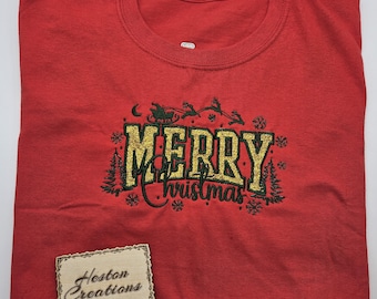 Red T-Shirt: Merry Christmas, Gold Glitter Green Embroidered