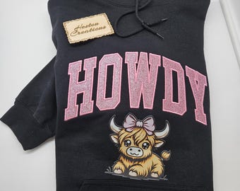 Howdy Highland Cow Hoodie: Pink Glitter Embroidery, DTF Cow with Bow