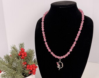 Pink Fairy Moon Necklace – Handmade Beaded Jewelry with Silver Crescent Pendant