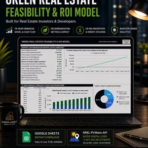 May include: A laptop screen displaying a Green Real Estate Feasibility & ROI Model dashboard with financial charts, tables, and metrics. The interface includes a 10-year cash flow graph, a pie chart for incentive stacking, and a bar chart for utility savings.