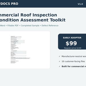 May include: A digital toolkit titled ROOFDOCS PRO V1.0 for commercial roof inspection and condition assessment. It includes editable Word documents, fillable PDFs, a completed sample, and a defect reference guide for commercial roofing projects.