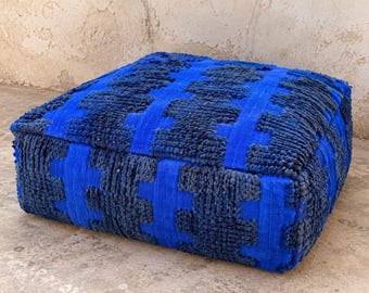 Fodera per pouf marocchino: 100% lana naturale, blu royal, blu navy, motivo geometrico berbero