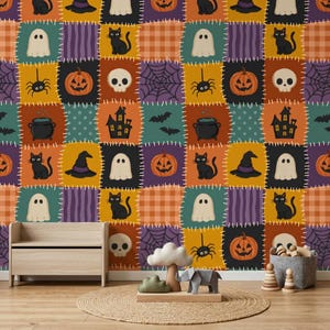May include: A wallpaper featuring a patchwork pattern of Halloween icons including black cats, ghosts, pumpkins, skulls, spiders, spiderwebs, bats, witch hats, cauldrons, and haunted houses in orange, purple, teal, and black colors.