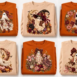May include: A collection of six crewneck sweatshirts in orange and beige, each featuring a unique graphic print of ghosts. Designs include ghosts with pumpkins, flowers, bows, books, and a shopping cart with the text On My Way To Spend My Husband's Money.