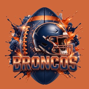 Puede incluir: Un balón de fútbol americano azul oscuro con cordones y rayas naranjas, un casco de fútbol azul oscuro con rejilla naranja, rodeado de salpicaduras de pintura naranja y azul, con la palabra BRONCOS en letras naranjas y azules.