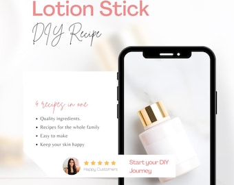 May include: A white lotion stick with a gold lid on a white marble surface. The text "Start your DIY Journey" is on a pink rectangle. The text "4 recipes in one" is on a white rectangle with pink text. The text "Lotion Stick DIY Recipe" is on a pink rectangle.