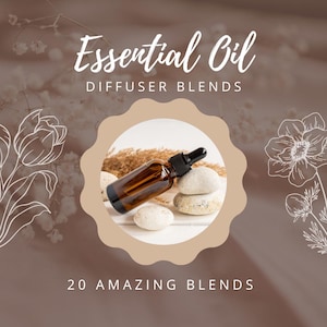 Könnte beinhalten: Nahaufnahme einer braunen Glasflasche mit ätherischem Öl und Tropfer, die auf weißen Steinen liegt. Die Flasche befindet sich in einem Kreis mit braunem Hintergrund und dem Text "Essential Oil Diffuser Blends" und "20 Amazing Blends" unterhalb des Kreises.