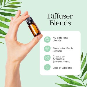 May include: A small amber glass bottle with a black cap is held in a hand. The text "Diffuser Blends" is at the top, with a list of features: 40 different blends, blends for each season, create an aromatic environment, and lots of options.