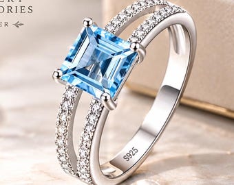 Anillo cuadrado de plata con topacio azul