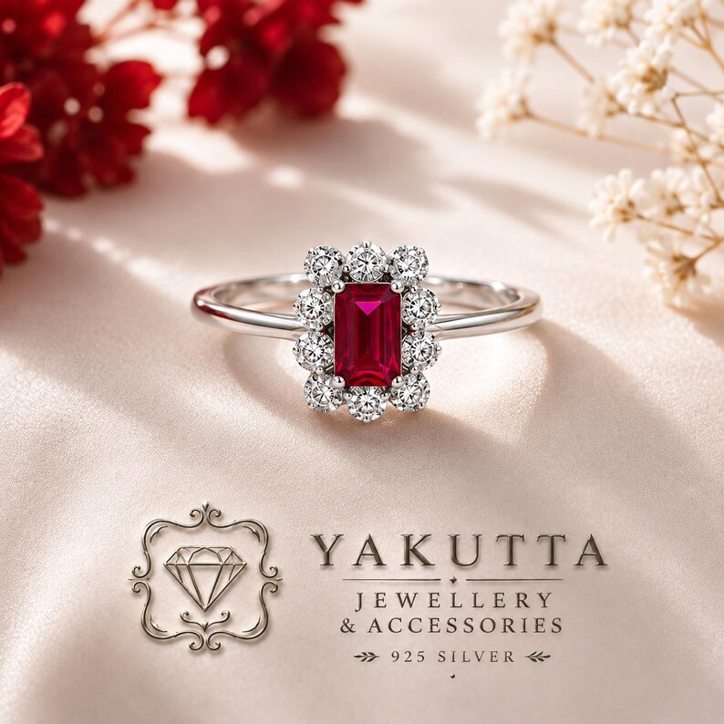 Puede incluir: Un anillo de plata con una piedra roja central de corte esmeralda rodeada por un halo de diez peque&ntilde;as piedras redondas transparentes. El texto YAKUTTA JEWELLERY & ACCESSORIES 925 SILVER aparece bajo el anillo con un logo de diamante.