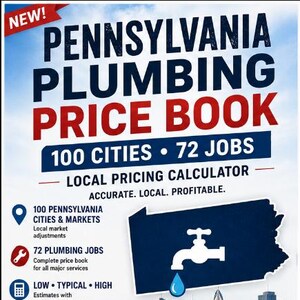 May include: A promotional flyer for the Pennsylvania Plumbing Price Book featuring the text NEW! PENNSYLVANIA PLUMBING PRICE BOOK 100 CITIES 72 JOBS LOCAL PRICING CALCULATOR. It includes icons for cities, jobs, calculators, and dollar signs over a city skyline.