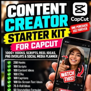 Kit de inicio para creadores de contenido con CapCut / Más de 1000 ganchos, guiones, ideas para reels, superposiciones PNG y planificador de contenido para redes sociales