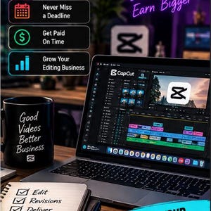 Può includere: Un computer portatile che mostra l'interfaccia di editing video CapCut, una tazza nera con il testo Good Videos Better Business e un taccuino con una lista di controllo per le attività di editing. L'immagine include testo sulle idee.