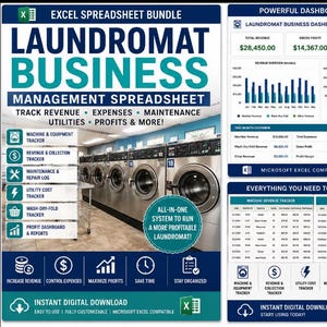 May include: A digital Excel spreadsheet bundle for laundromat business management. The layout features a row of stainless steel washing machines, a powerful dashboard with revenue and profit charts, and detailed trackers for machine revenue, expenses, and wash-dry-fold orders. The design uses blue and teal accents with clear text labels for tracking utilities, maintenance, and profits.