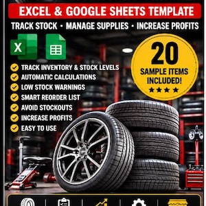 Könnte beinhalten: Eine digitale Inventarverwaltungsvorlage für Reifenhändler für Excel und Google Sheets. Die Grafik enthält Text wie TIRE SHOP INVENTORY TRACKER, 20 SAMPLE ITEMS INCLUDED und listet Funktionen wie automatische Berechnungen und Bestandsverfolgung auf.