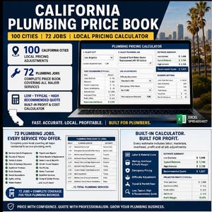 May include: A digital California Plumbing Price Book displayed on a laptop screen, featuring a local pricing calculator for 100 cities and 72 plumbing jobs. The interface includes estimate summaries, cost breakdowns, and job adjustments for professional use.