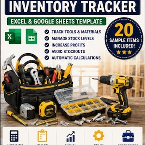 Può includere: Un modello digitale di tracciamento dell'inventario per Excel e Google Sheets intitolato Handyman Materials & Tools. La grafica presenta una borsa portautensili nera, un trapano a batteria giallo, un organizer trasparente per minuteria e testo che descrive funzionalità come calcoli automatici, gestione delle scorte e 20 articoli campione inclusi.