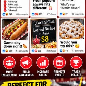 Op de afbeelding: Een marketingafbeelding voor concessiestands met zes panelen met afbeeldingen van eten, waaronder nacho's, popcorn, drankjes, hotdogs en funnel cakes. De tekst bevat prompts voor sociale betrokkenheid, een menubord en een lijst met bedrijfstypen.