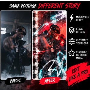 May include: A split-screen comparison showing a before and after video edit. The left side shows a person in a black puffer jacket. The right side shows the same person with red and blue neon light effects, film strip borders, and text overlays.