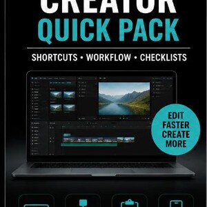 May include: A digital guide titled CapCut Desktop Windows Creator Quick Pack featuring shortcuts, workflow, and checklists. The graphic displays a laptop screen with video editing software, a teal circle with text, and four icons for shortcuts, workflow, checklists, and mobile video.