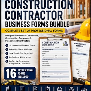 Op de afbeelding: Een digitale marketingafbeelding voor een bundel zakelijke formulieren voor aannemers. De tekst luidt Workform Pro, Construction Contractor Business Forms Bundle, en bevat een voorbeeld van een werkorder en een kostenraming.