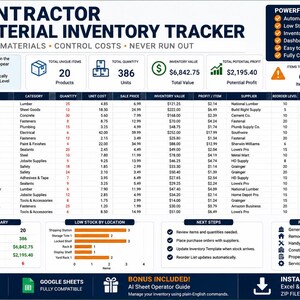 Contractor Material Inventory Tracker | Excel & Google Sheets Stock Spreadsheet