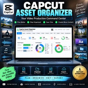 May include: A digital CapCut Asset Organizer dashboard displayed on a laptop screen, featuring project progress bars, asset breakdown pie charts, and scene status graphs. The interface includes tabs for planning, organizing, editing, and exporting video content.