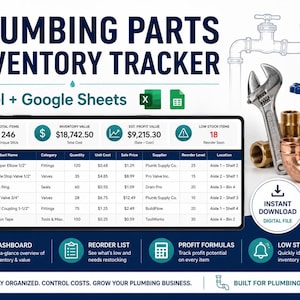 May include: A digital plumbing parts inventory tracker for Excel and Google Sheets. The interface displays a dashboard with total items, inventory value, profit value, and low stock alerts. It includes a table for product names, quantities, and costs.