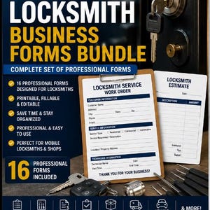 May include: A digital locksmith business forms bundle featuring a clipboard with a service work order, a locksmith estimate sheet, various keys, and lock picking tools. The text includes Workform Pro, Locksmith Business Forms Bundle, and 16 forms.