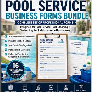 May include: A digital bundle of 16 professional pool service business forms including work orders, invoices, estimates, checklists, and water test logs. The document set features printable, fillable, and editable templates for pool maintenance.