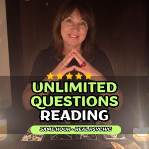 May include: A person wearing a black shirt with a red ring on their finger, positioned behind a table with tarot cards and candles. The text reads: UNLIMITED QUESTIONS READING, SAME HOUR - REAL PSYCHIC, accompanied by five yellow stars.