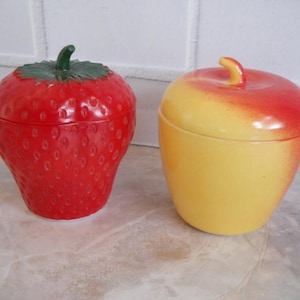 Hazel Atlas Milk Glass Apple and Strawberry Vintage Jam Jars or Trinket Pots