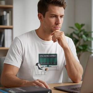 Puede incluir: Una camiseta blanca de manga corta con un gráfico de un pingüino sentado en una silla mirando una pantalla de televisión que muestra el texto STILL DISTRO-HOPPING? sobre varios iconos rectangulares de sistemas operativos.
