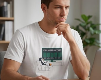 Still Distro-Hopping? Penguin Watching TV T-Shirt | Linux Dev Humor