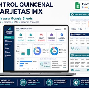 May include: A digital financial dashboard template for Google Sheets displayed on a laptop screen, featuring charts, tables, and summaries for tracking biweekly income, credit card debt, and monthly expenses in Spanish with a clean, professional layout.