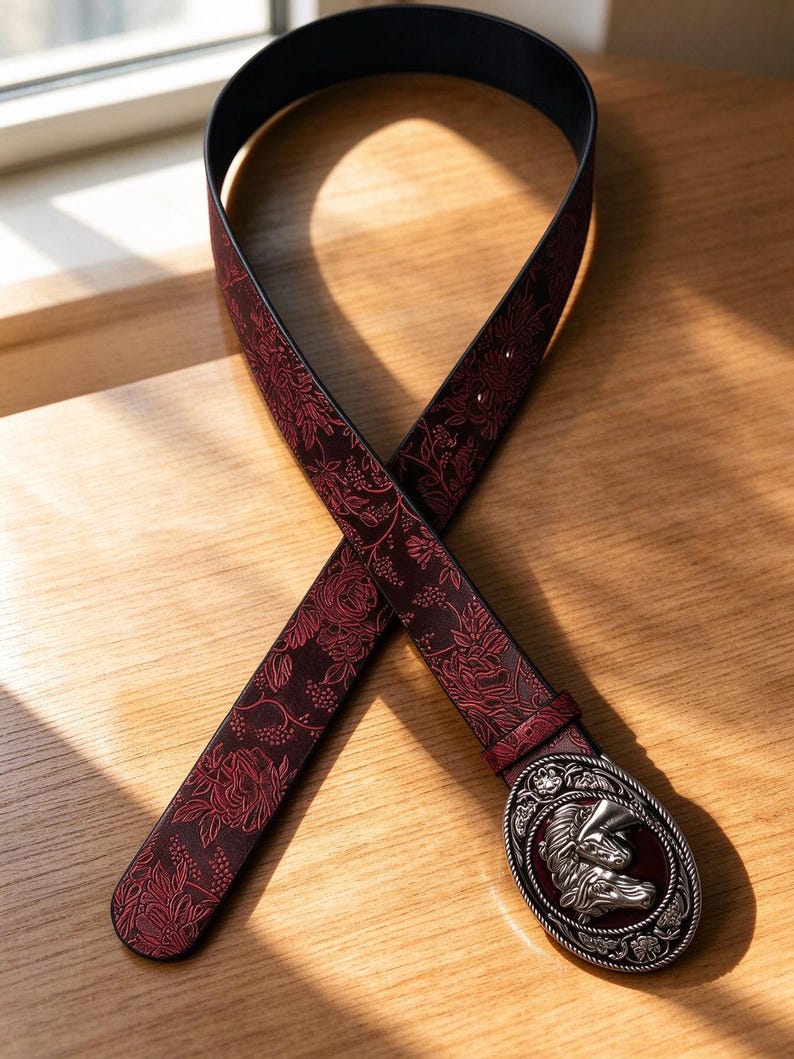 Red Suspender Rodeo Vintage Western Horse Head Belt,floral Embossed Leather Waist Belt ...