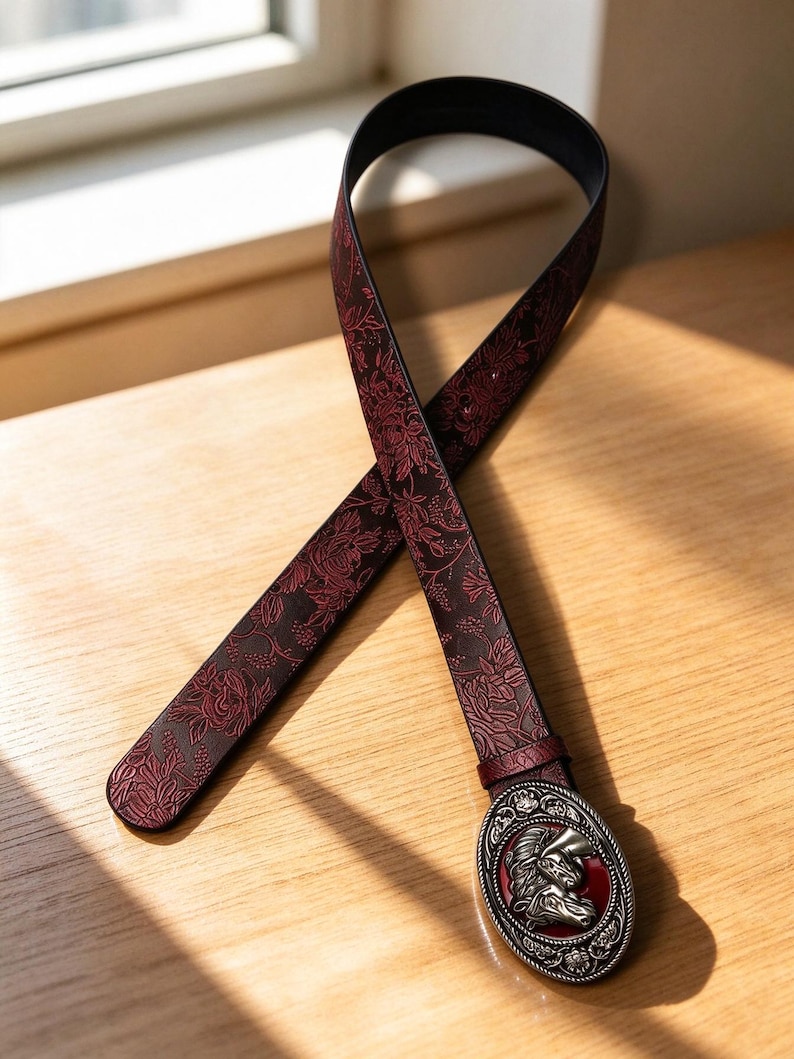 Red Suspender Rodeo Vintage Western Horse Head Belt,floral Embossed Leather Waist Belt ...