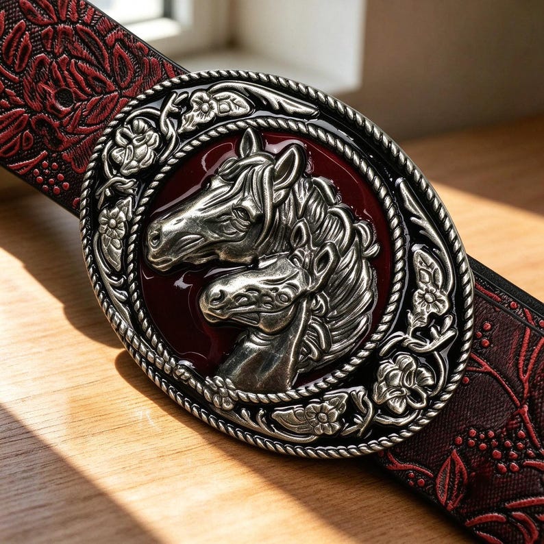 Red Suspender Rodeo Vintage Western Horse Head Belt,floral Embossed Leather Waist Belt ...