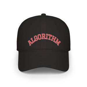 May include: A black baseball cap featuring the word ALGORITHM embroidered in a red, arched, collegiate-style font across the front panels. The cap has a structured crown, a curved brim, and a button at the top center of the headwear piece.
