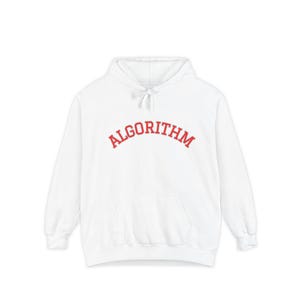 May include: A white long-sleeve hooded sweatshirt featuring the word ALGORITHM printed in a red, arched, collegiate-style font across the chest. The garment includes a front kangaroo pocket, a drawstring hood, and ribbed cuffs and hem.