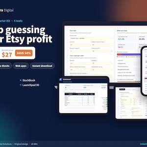 May include: A digital product display featuring the Lunora Digital Etsy Seller Starter Kit. The graphic shows a laptop, tablet, and smartphone screen displaying profit calculation dashboards, cost tracking forms, and data tables with text.