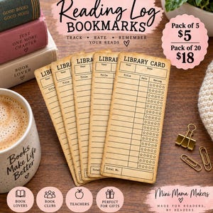 Pode incluir: Cinco marcadores de página retangulares concebidos como fichas de biblioteca vintage com um aspeto de papel envelhecido em tom bege. Cada marcador apresenta linhas pretas impressas, um cabeçalho LIBRARY CARD e colunas para ano, título, data e um sistema de estrelas.