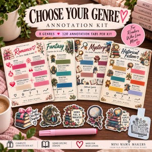 Puede incluir: Un kit de anotación Choose Your Genre con cuatro tarjetas rectangulares con pestañas codificadas por colores para romance, fantasía, misterio y ficción histórica. Incluye cinco pegatinas troqueladas con ilustraciones de libros y un rotulador rosa.