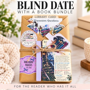 May include: A brown paper-wrapped book bundle titled Blind Date With A Book Bundle. It features stickers of dragons and books, a purple bookmark, and a card with discussion questions and genre details. The package is tied with twine.