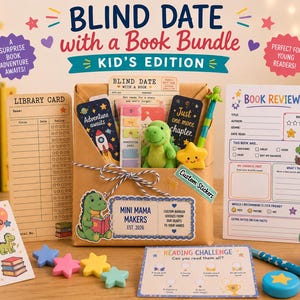May include: A Blind Date with a Book Bundle Kid's Edition featuring a brown paper-wrapped book, a library card, a book review sheet, a reading challenge card, a green dinosaur plush, a star-shaped eraser, stickers, and colorful star-shaped beads.