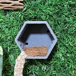 May include: A grey hexagonal container with a textured exterior, featuring two small drainage holes at the base and a layer of brown fibrous material inside, attached to a thick, braided tan jute rope for hanging purposes.