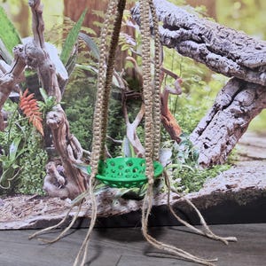 Peut inclure: Une plateforme suspendue pour petits animaux composée d'un bol en plastique vert vif, circulaire et perforé, suspendu par quatre cordes épaisses en jute de couleur naturelle reliées à un anneau en plastique vert, avec des extrémités de corde.