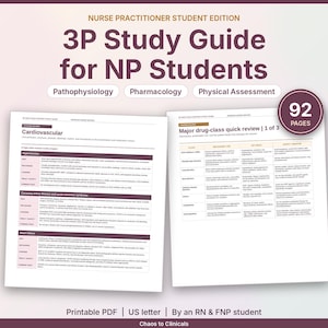 Puede incluir: Una guía de estudio 3P de 92 páginas para estudiantes de enfermería especializada en formato PDF imprimible carta de EE. UU. El documento cubre fisiopatología, farmacología y evaluación física, con tablas sobre afecciones cardiovasculares.