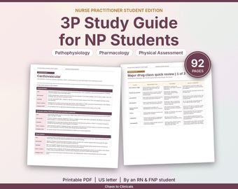 Op de afbeelding: Een 92-pagina tellende 3P-studiegids voor verpleegkundig specialisten in een printbaar PDF US letter-formaat. Het document behandelt pathofysiologie, farmacologie en lichamelijk onderzoek, met tabellen over cardiovasculaire aandoeningen en medicatie.