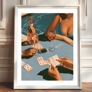 Tarde de verano en la mesa de billar con cartas. Póster: mujeres, champán/vino, estilo pintado a mano - decoración de pared vintage.